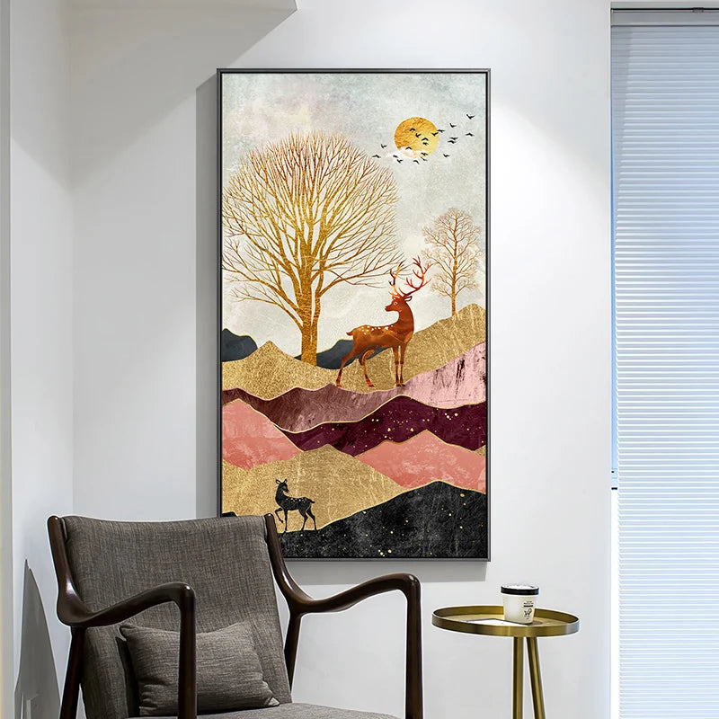 Michelle Golden Deer Landscape Canvas Poster Print