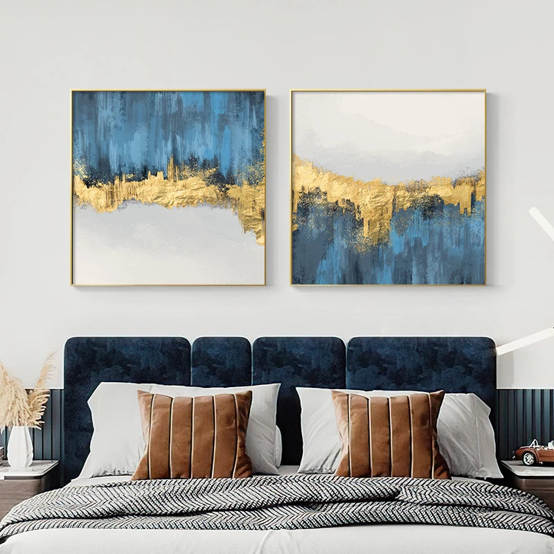 Izabella Abstract Light Gold Ink Blue Canvas Posters Print