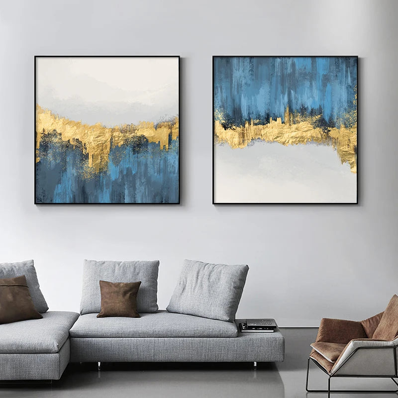 Izabella Abstract Light Gold Ink Blue Canvas Posters Print