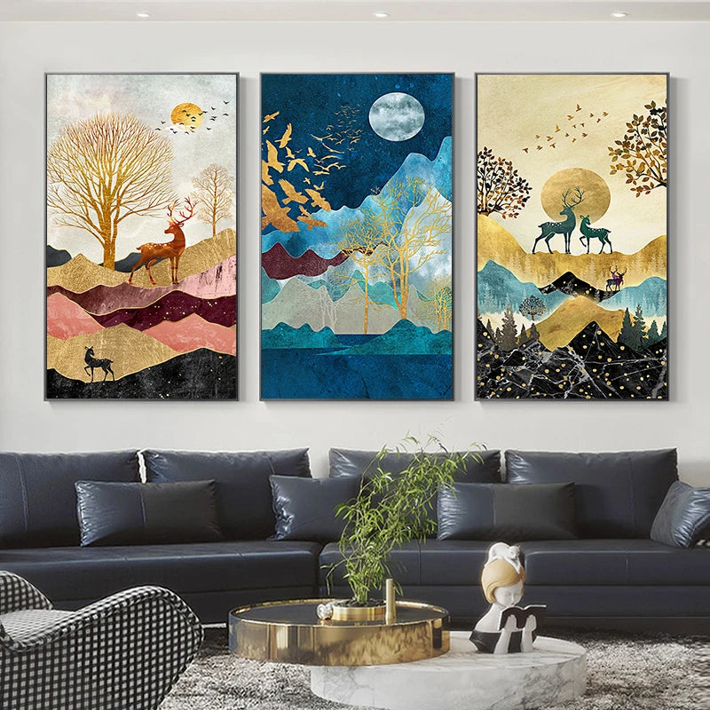 Michelle Golden Deer Landscape Canvas Poster Print