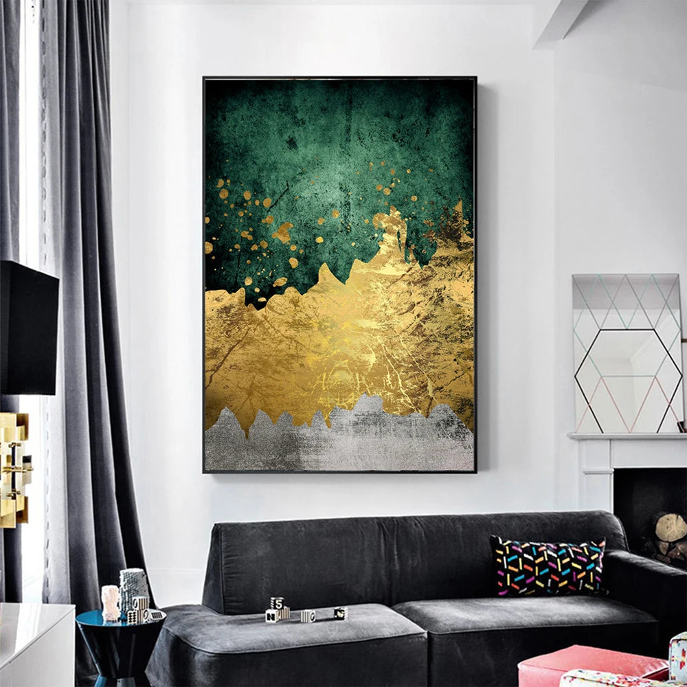 Ella's AAHH Green Gold Modern Abstract Nordic Canvas Painting: Elevate Your Home Decor