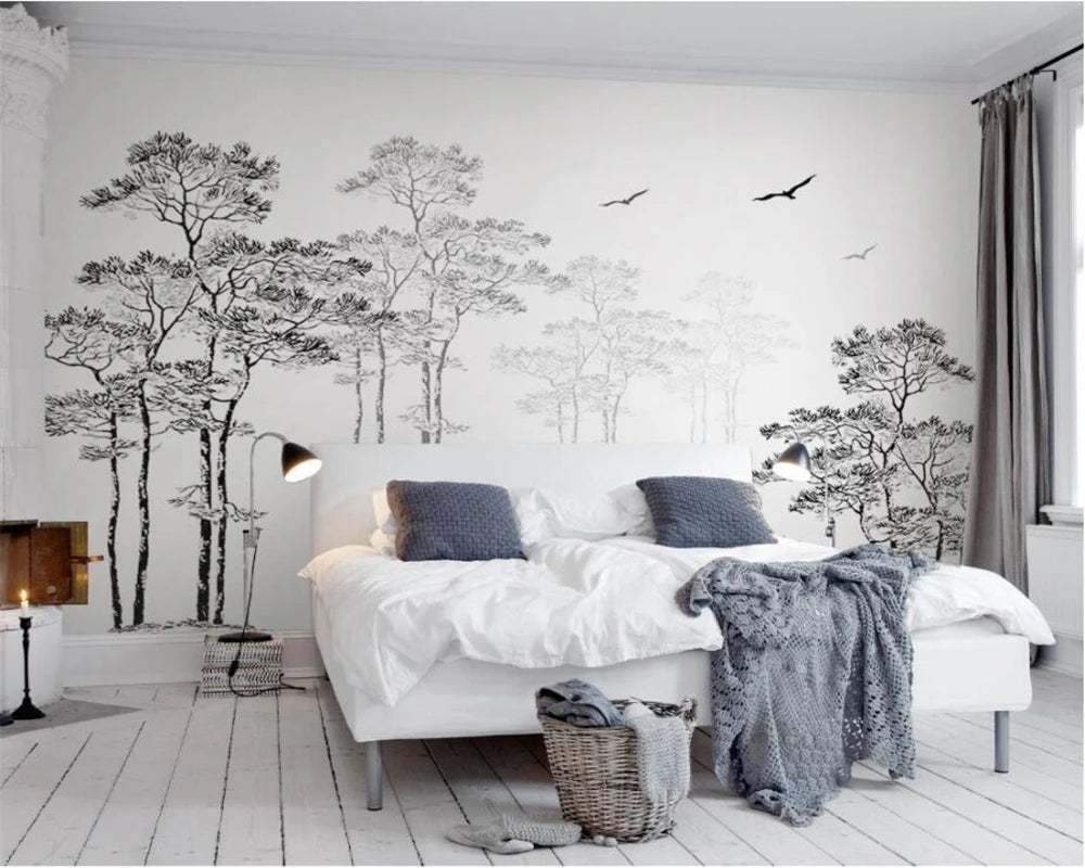 Custom 3D Black & White Tree Mural – Tropical Rainforest Self-Adhesive Wallpaper