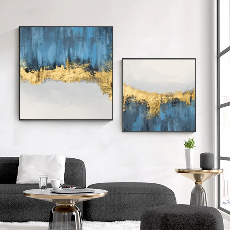 Izabella Abstract Light Gold Ink Blue Canvas Posters Print