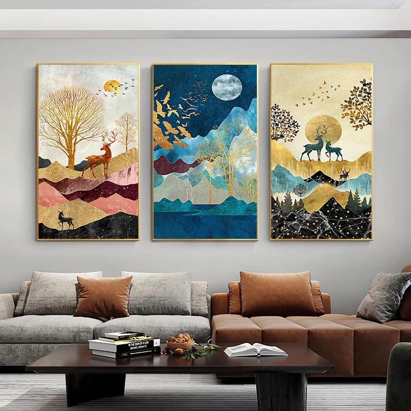 Michelle Golden Deer Landscape Canvas Poster Print
