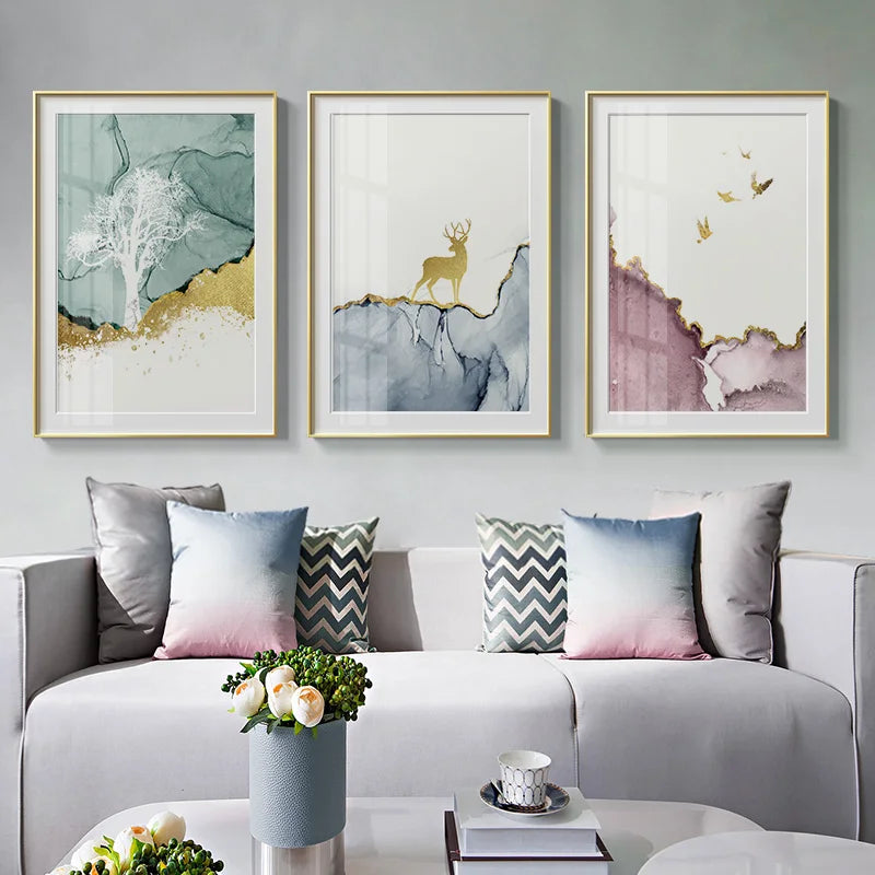 Adelina Abstract Forest Canvas Painting Golden Landscape Poster Print