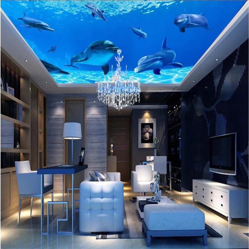 Lillie Custom 3D Ocean Sea Water Dolphin Ceiling Wallpaper
