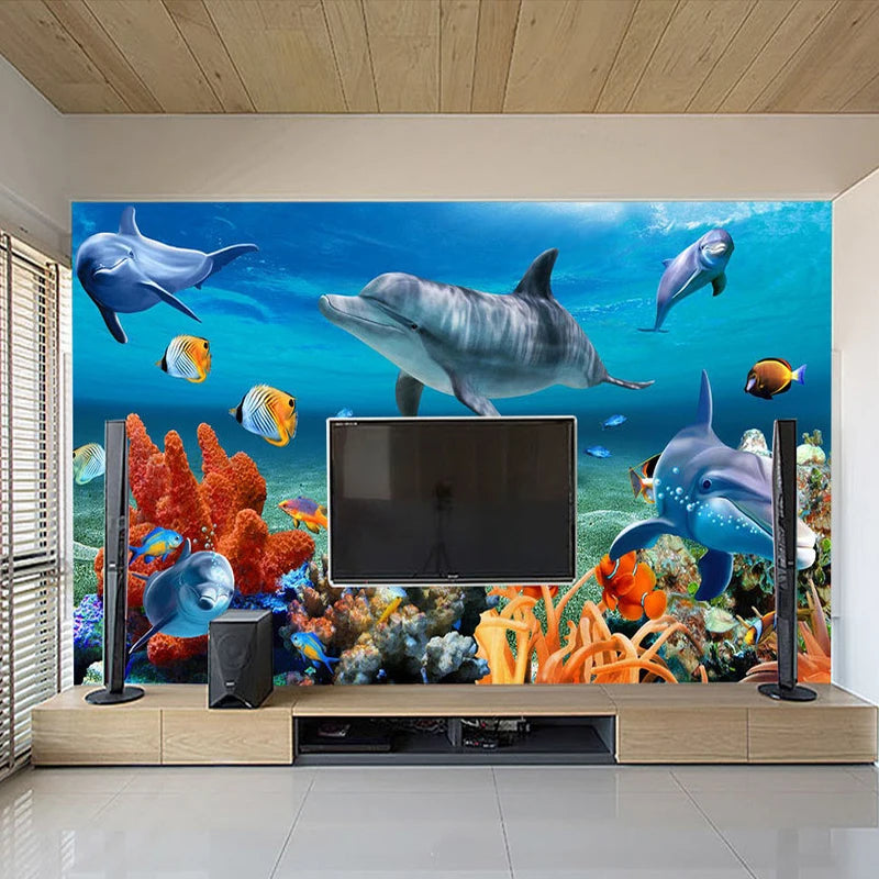 Bria Custom 3D Mural Wallpaper For Kids Underwater Dolphin Fish Wall Paper