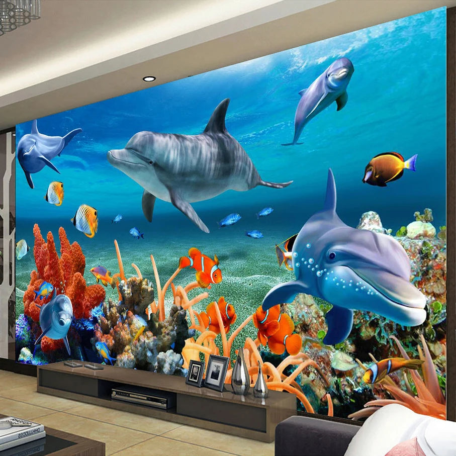 Bria Custom 3D Mural Wallpaper For Kids Underwater Dolphin Fish Wall Paper