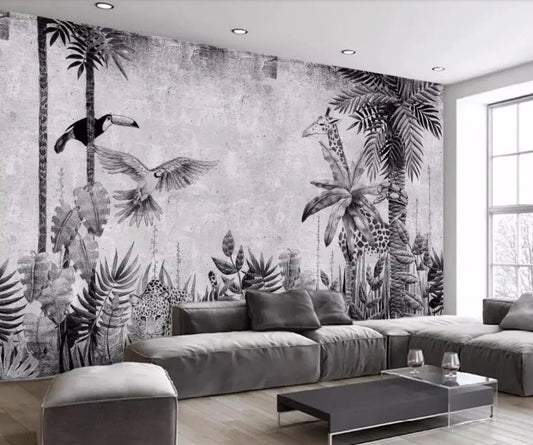 Lily's Customized Hand-Painted Tropical Rainforest Black and White Plant Wallpaper Mural