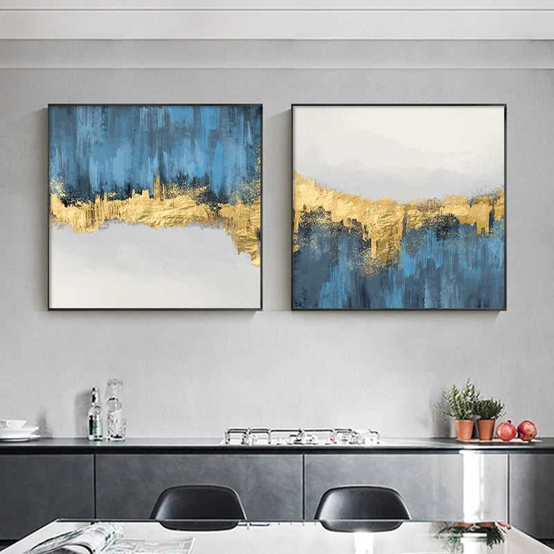 Izabella Abstract Light Gold Ink Blue Canvas Posters Print