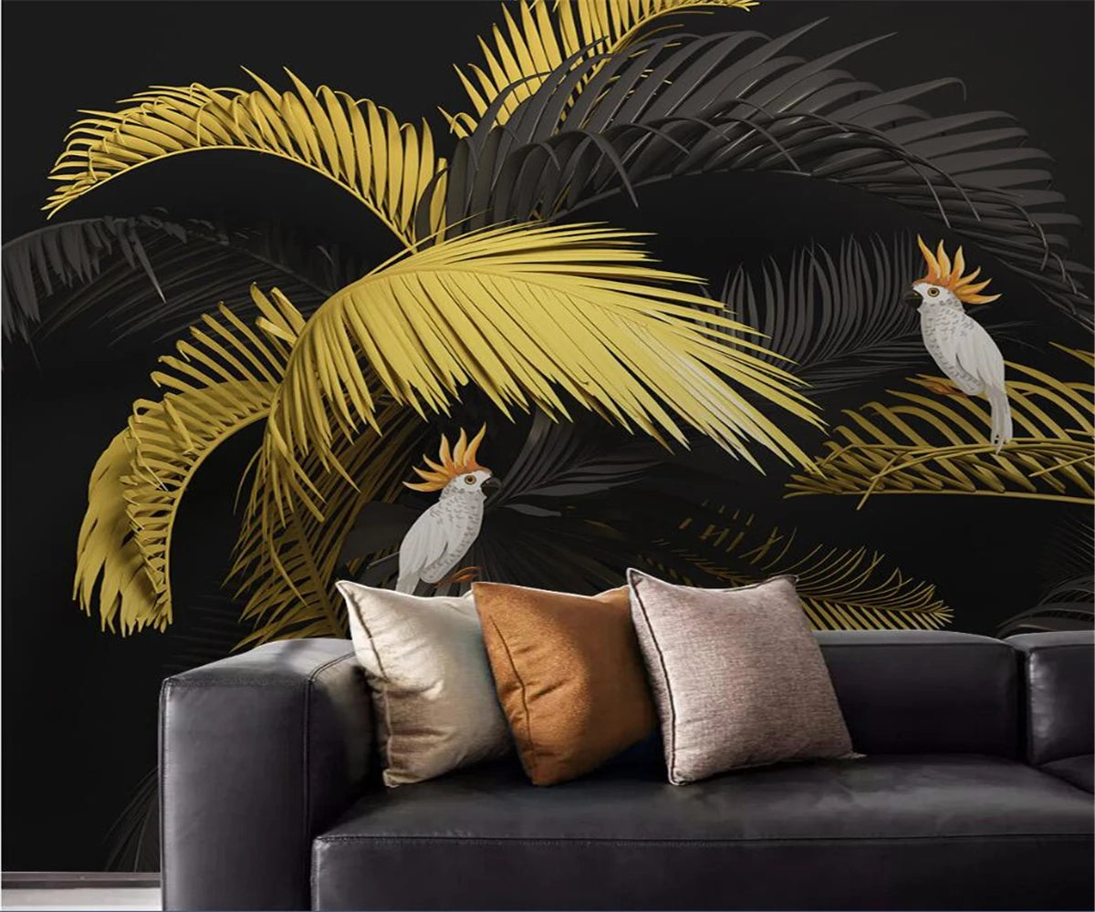 Emily's Nordic Simple Light Luxury Hand-Painted Tropical Gold Black Plant Leaf Parrot Background Wallpaper