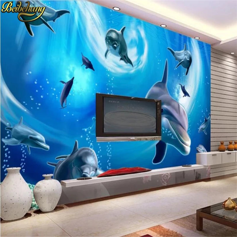 Bria Custom 3D Mural Wallpaper For Kids Underwater Dolphin Fish Wall Paper