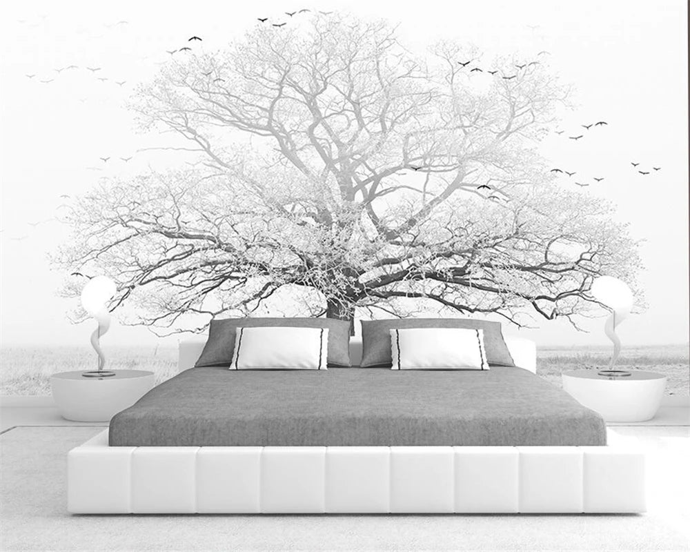 Custom 3D Black & White Tree Mural – Tropical Rainforest Self-Adhesive Wallpaper