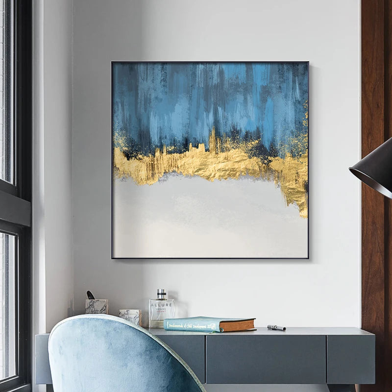 Izabella Abstract Light Gold Ink Blue Canvas Posters Print