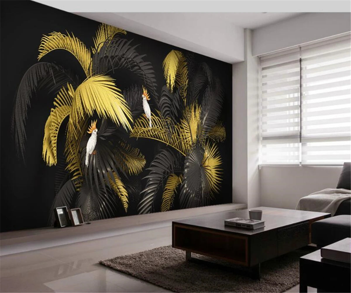 Emily's Nordic Simple Light Luxury Hand-Painted Tropical Gold Black Plant Leaf Parrot Background Wallpaper