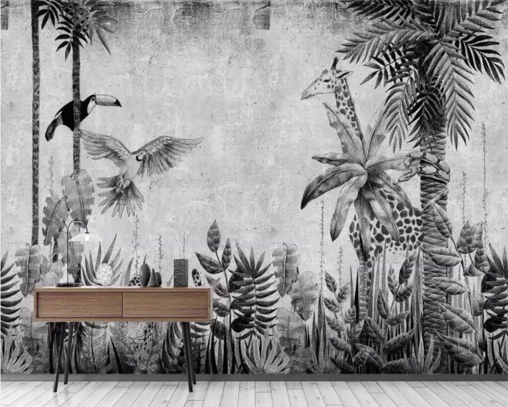 Lily's Customized Hand-Painted Tropical Rainforest Black and White Plant Wallpaper Mural