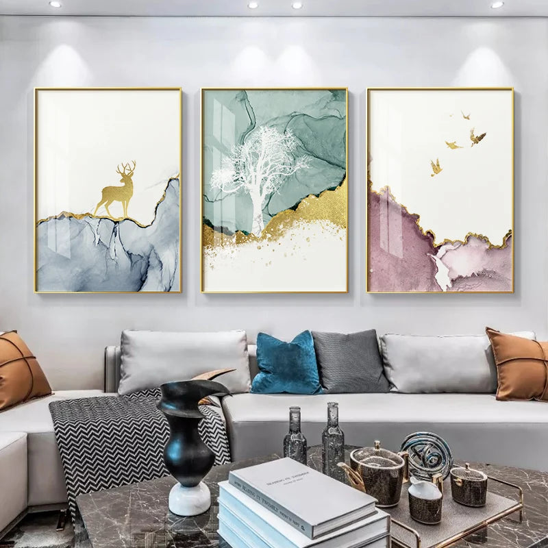 Adelina Abstract Forest Canvas Painting Golden Landscape Poster Print