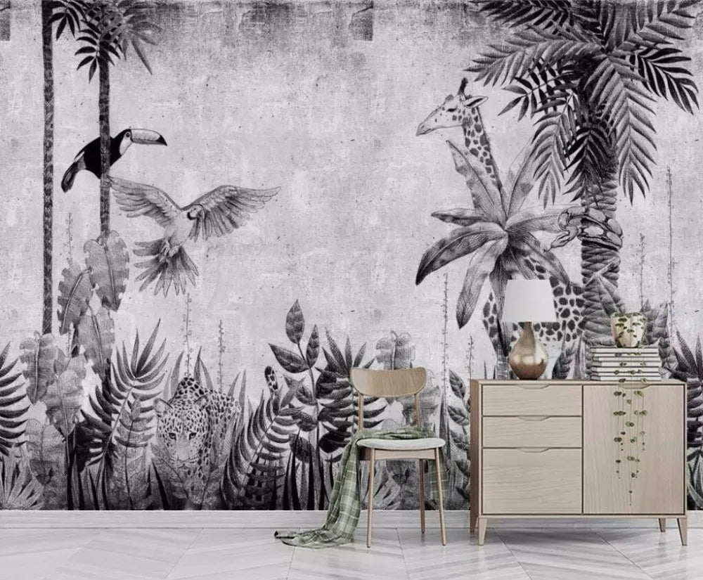 Lily's Customized Hand-Painted Tropical Rainforest Black and White Plant Wallpaper Mural