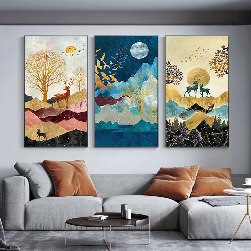 Michelle Golden Deer Landscape Canvas Poster Print