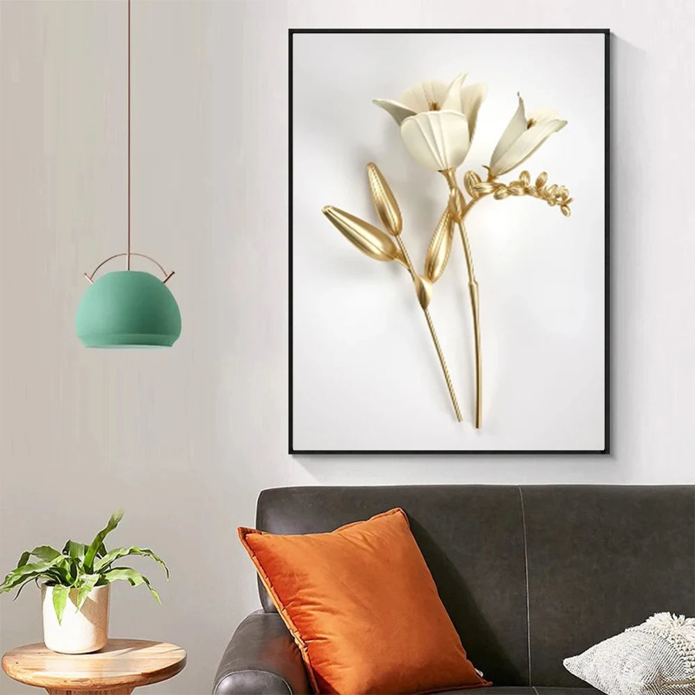 Juliet Nordic Decoration Pictures - Golden Plant Leaves and Flowers Wall Art Canvas Painting