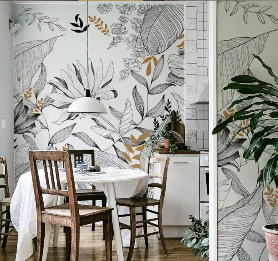 Emma's Custom Wallpaper Mural: Abstract Line Drawing Tropical Rainforest Plants