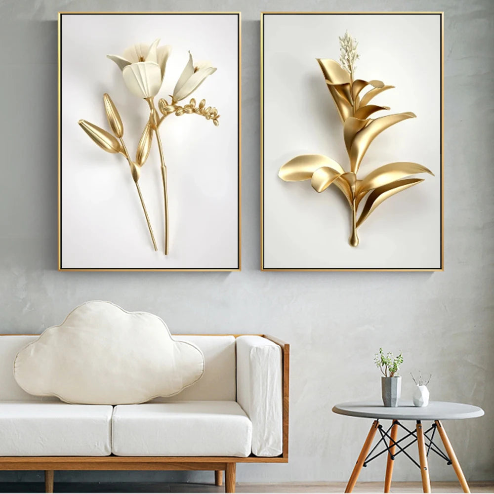 Juliet Nordic Decoration Pictures - Golden Plant Leaves and Flowers Wall Art Canvas Painting