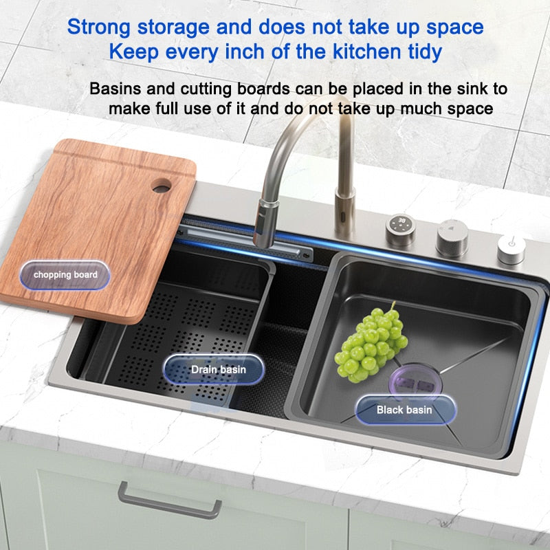 Stainless Steel Kitchen Sink Embossed Waterfall Sink Large Single Slot Multifunction Washbasin For Kitchen Renovation