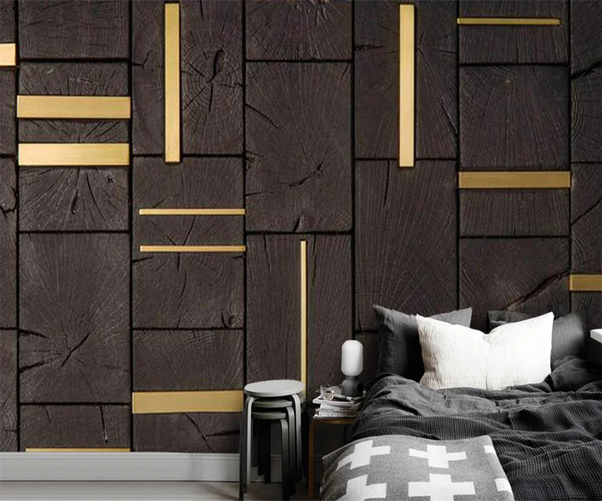 Ella's 3D Wallpaper: Nordic Minimalist Abstract Geometric Square Wood Grain Gold