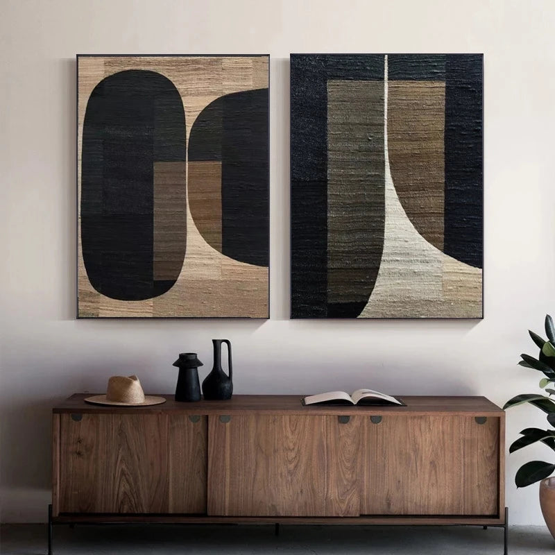 Peinture sur toile abstraite à géométrie noire rétro d'Amora