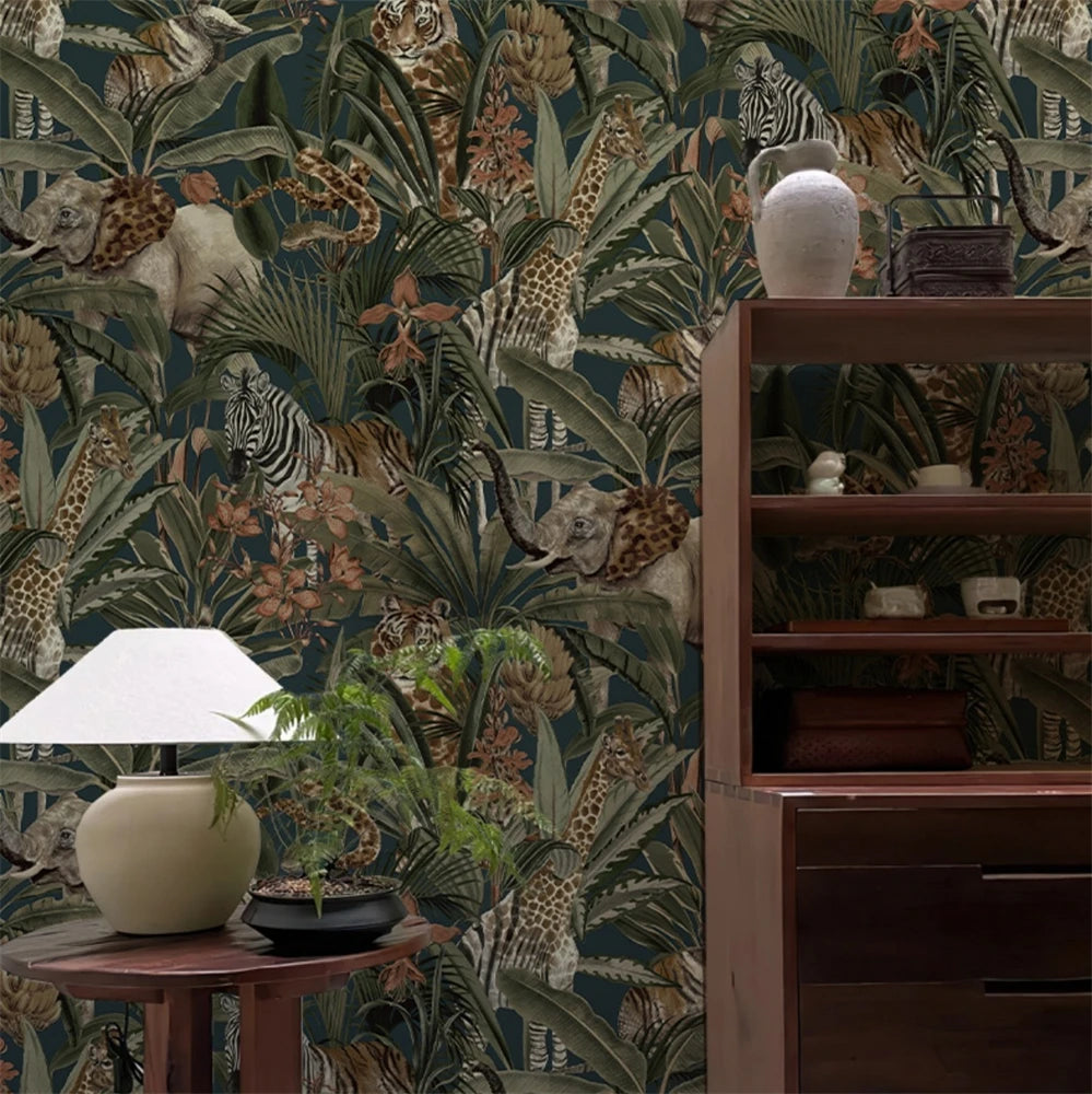 Papier peint personnalisé avec animaux tropicaux d'Asie du Sud-Est, feuille de bananier, pour mur, tissu, arrière-plan de restaurant, papier peint, décoration d'intérieur