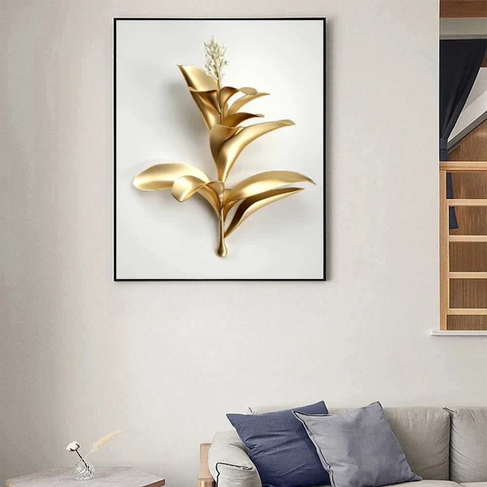 Juliet Nordic Decoration Pictures - Golden Plant Leaves and Flowers Wall Art Canvas Painting