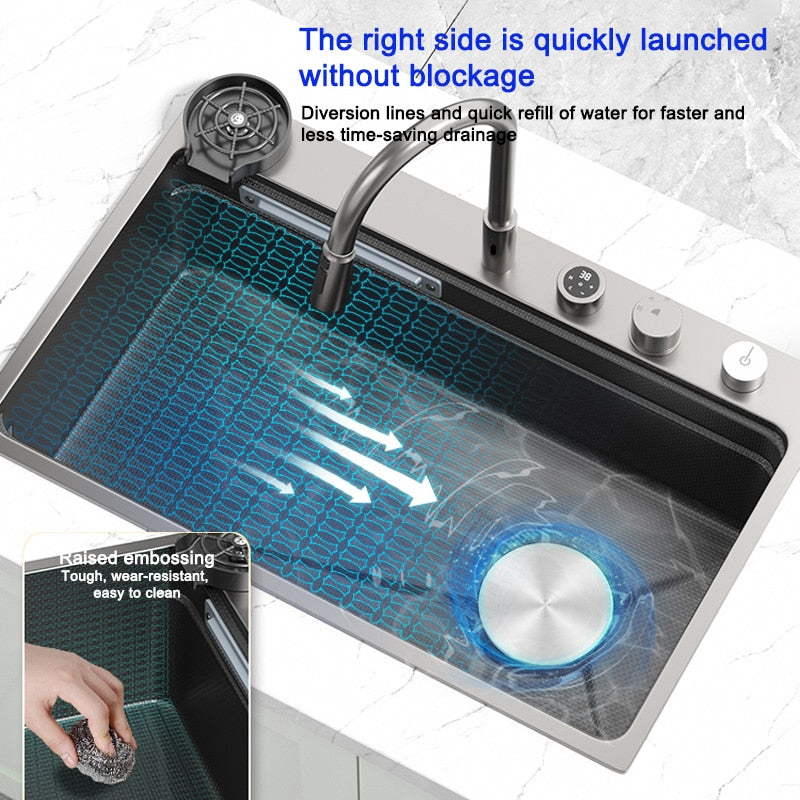 Stainless Steel Kitchen Sink Embossed Waterfall Sink Large Single Slot Multifunction Washbasin For Kitchen Renovation