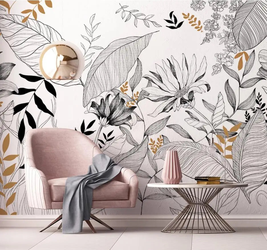 Emma's Custom Wallpaper Mural: Abstract Line Drawing Tropical Rainforest Plants