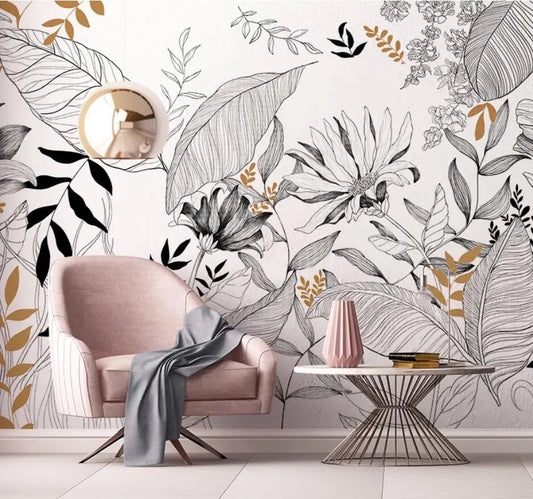 Papier peint personnalisé d'Emma : dessin au trait abstrait de plantes de la forêt tropicale