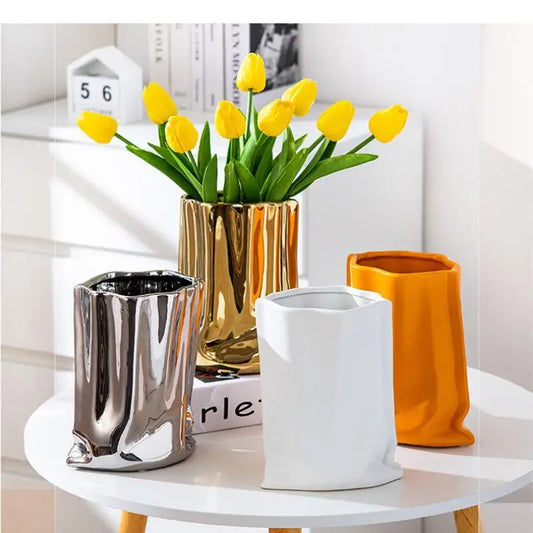 Amaia Electroplated Cloth Bag Ceramic Vase: Stylish Tabletop Decor