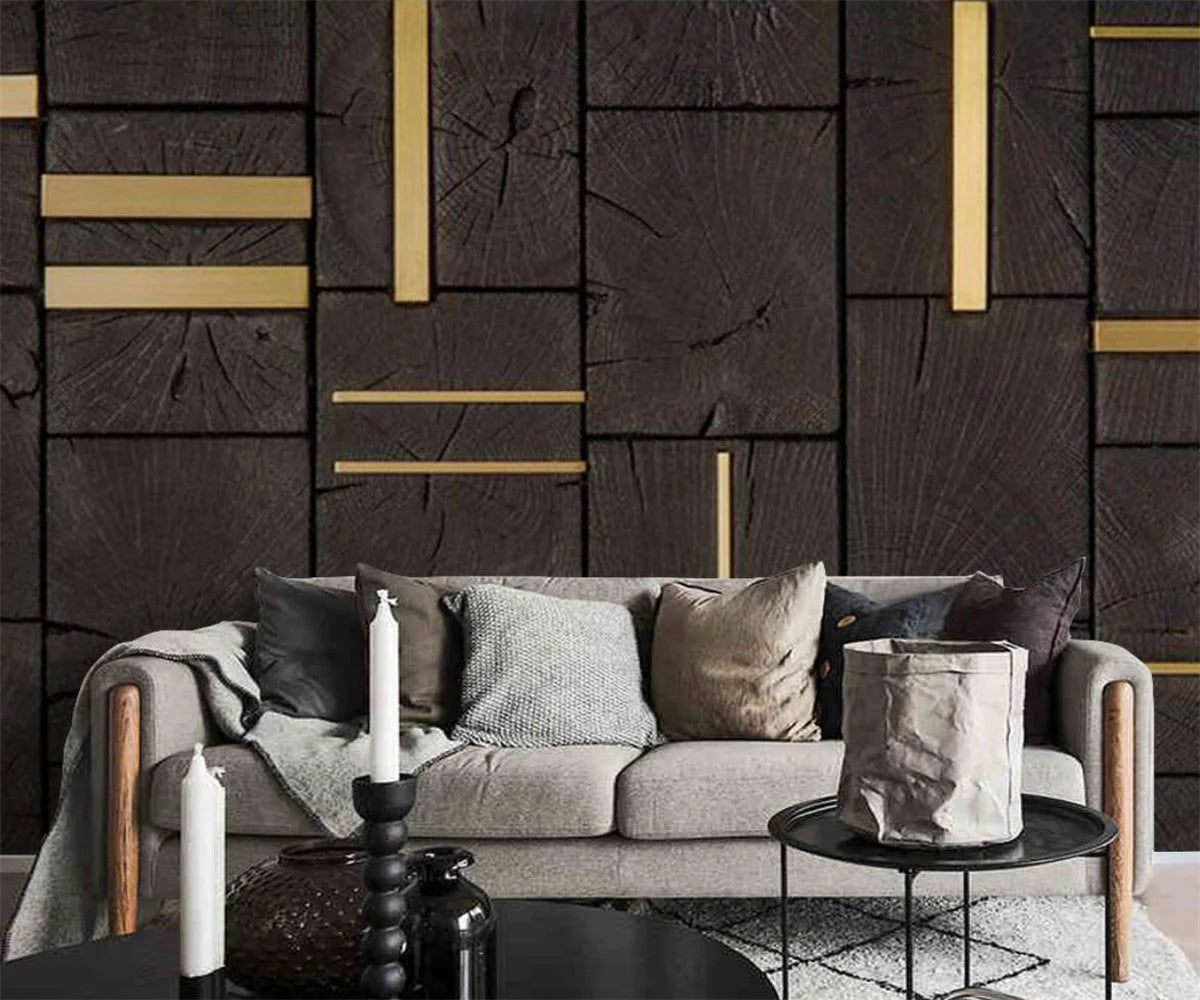 Ella's 3D Wallpaper: Nordic Minimalist Abstract Geometric Square Wood Grain Gold
