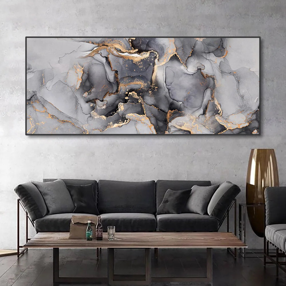 Sophia's Oversize Abstract Gray Ink Painting Wall Art: Elevate Your Living Room Decor