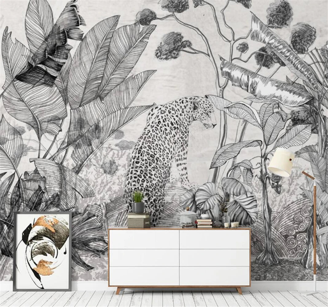 Papier peint mural 3D personnalisé d'Emily : plantes tropicales rétro en noir et blanc