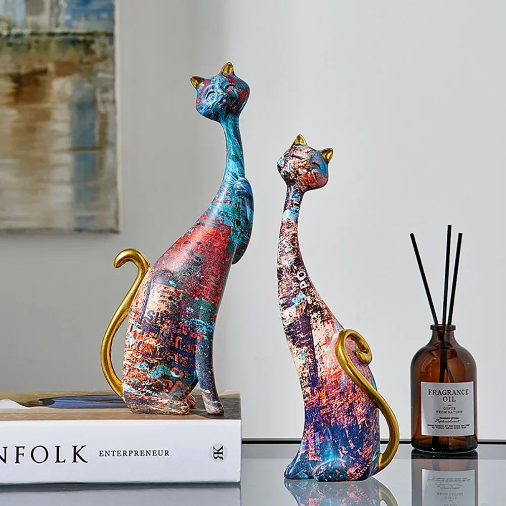 Statues de chat peintes à l'huile de style européen Allie, 2 pièces
