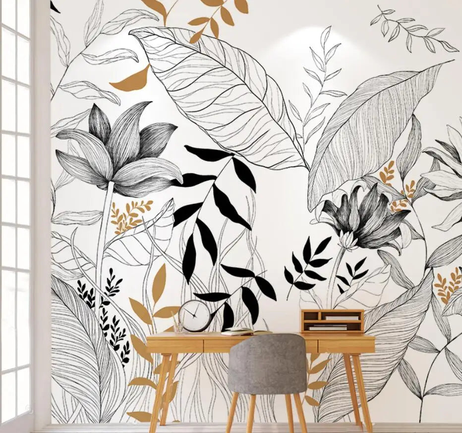 Emma's Custom Wallpaper Mural: Abstract Line Drawing Tropical Rainforest Plants