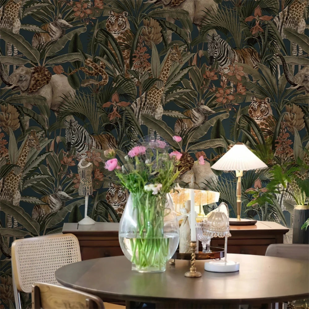 Papier peint personnalisé avec animaux tropicaux d'Asie du Sud-Est, feuille de bananier, pour mur, tissu, arrière-plan de restaurant, papier peint, décoration d'intérieur