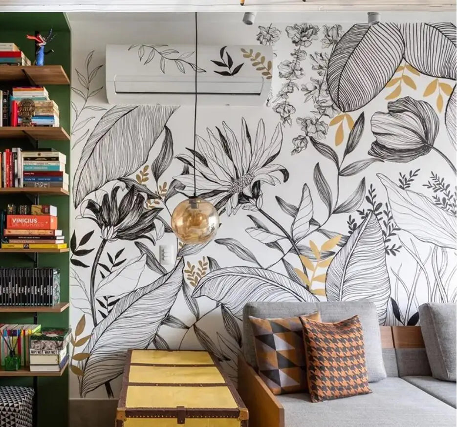 Emma's Custom Wallpaper Mural: Abstract Line Drawing Tropical Rainforest Plants