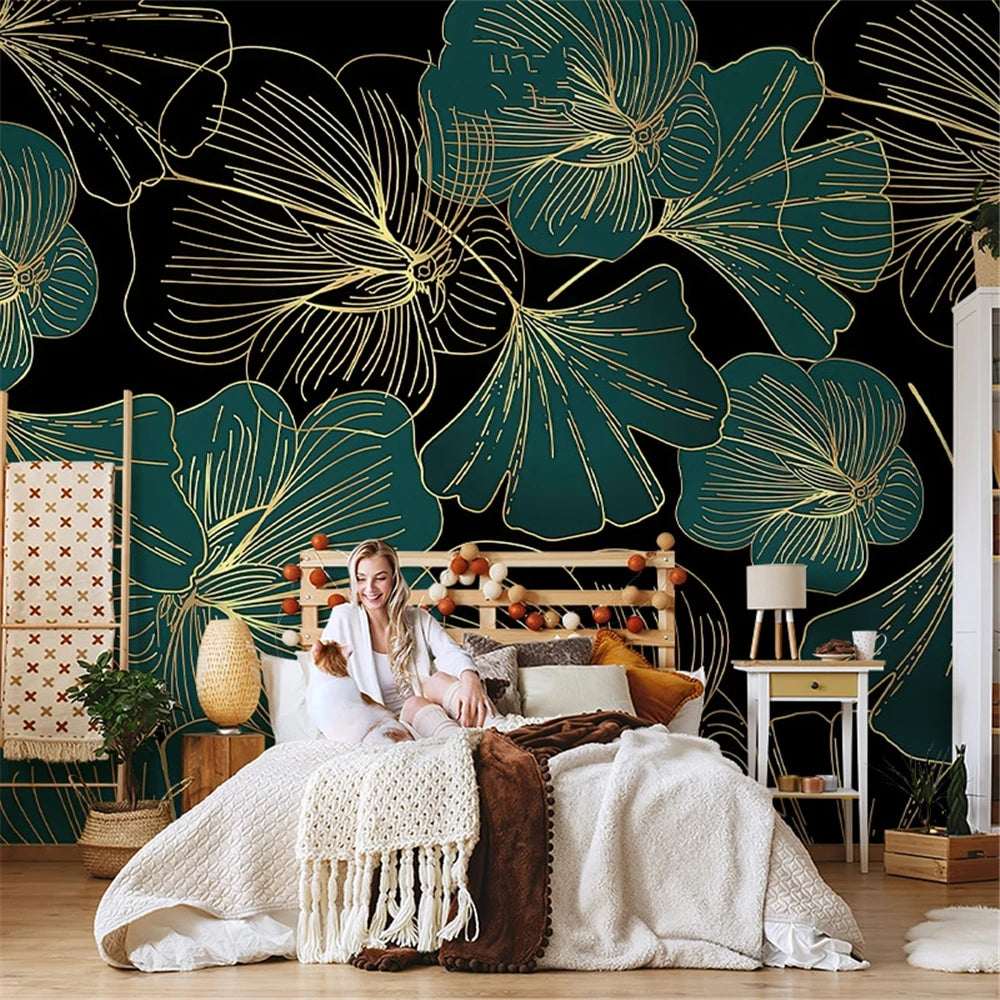 Papier peint mural personnalisé européen Ginkgo Biloba émeraude