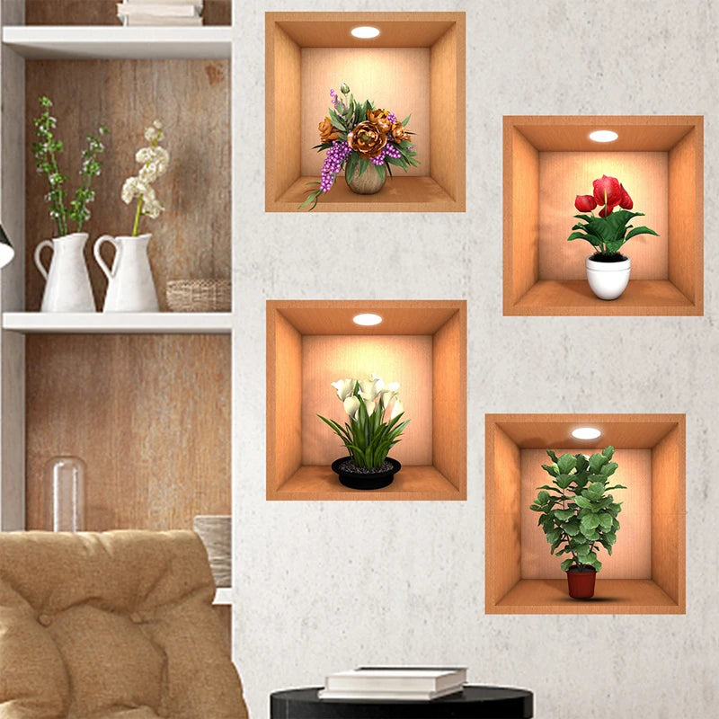 Carly 4pcs Plant Pattern Wall Sticker - Self Adhesive PVC Wall Art Decal