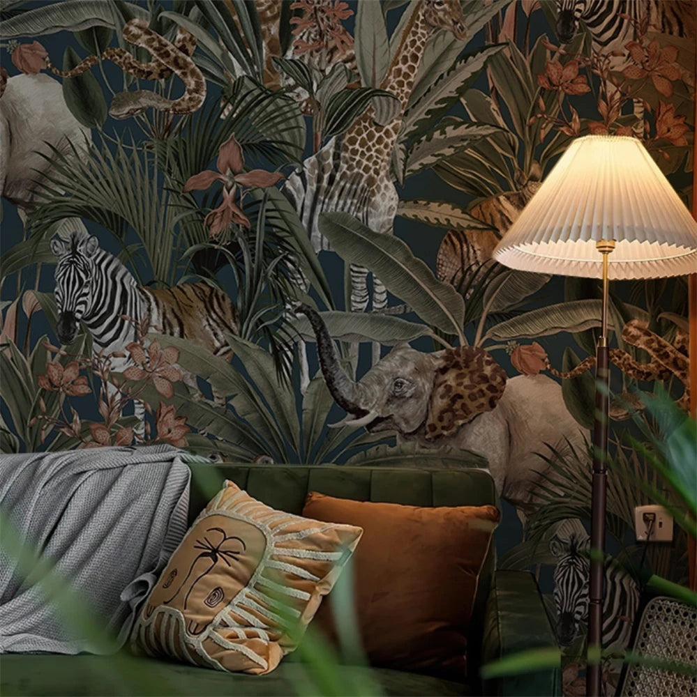 Papier peint personnalisé avec animaux tropicaux d'Asie du Sud-Est, feuille de bananier, pour mur, tissu, arrière-plan de restaurant, papier peint, décoration d'intérieur