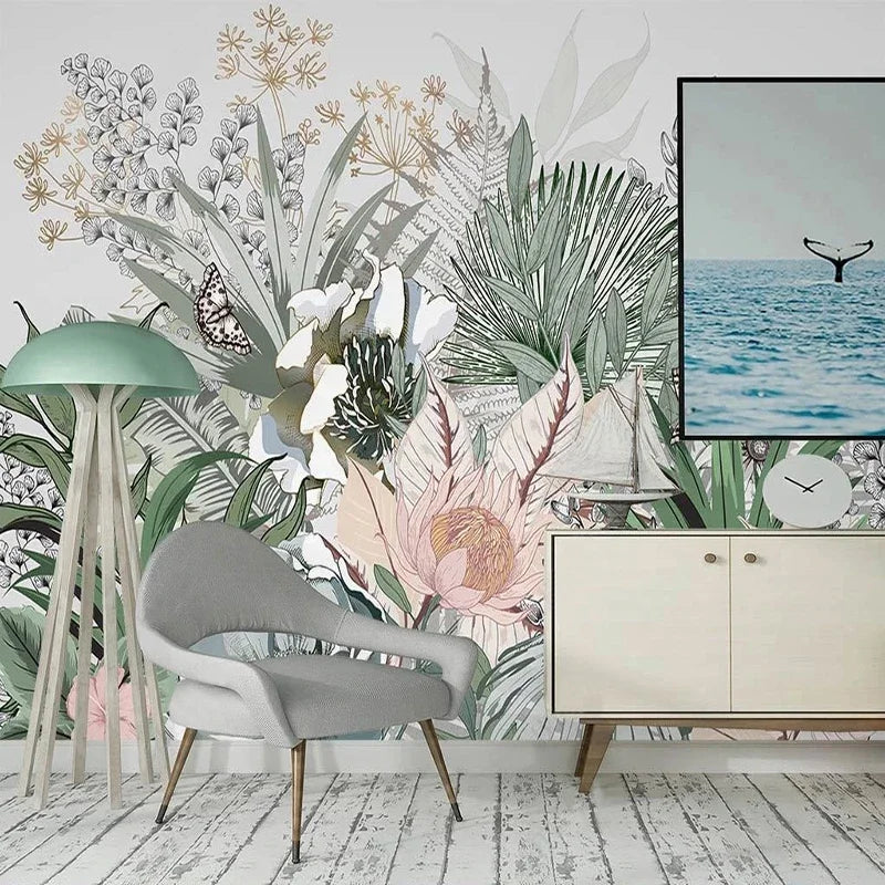 Emily's Custom Mural Wallpaper: Nordic Hand-Painted Tropical Plants Rainforest Palm Leaves