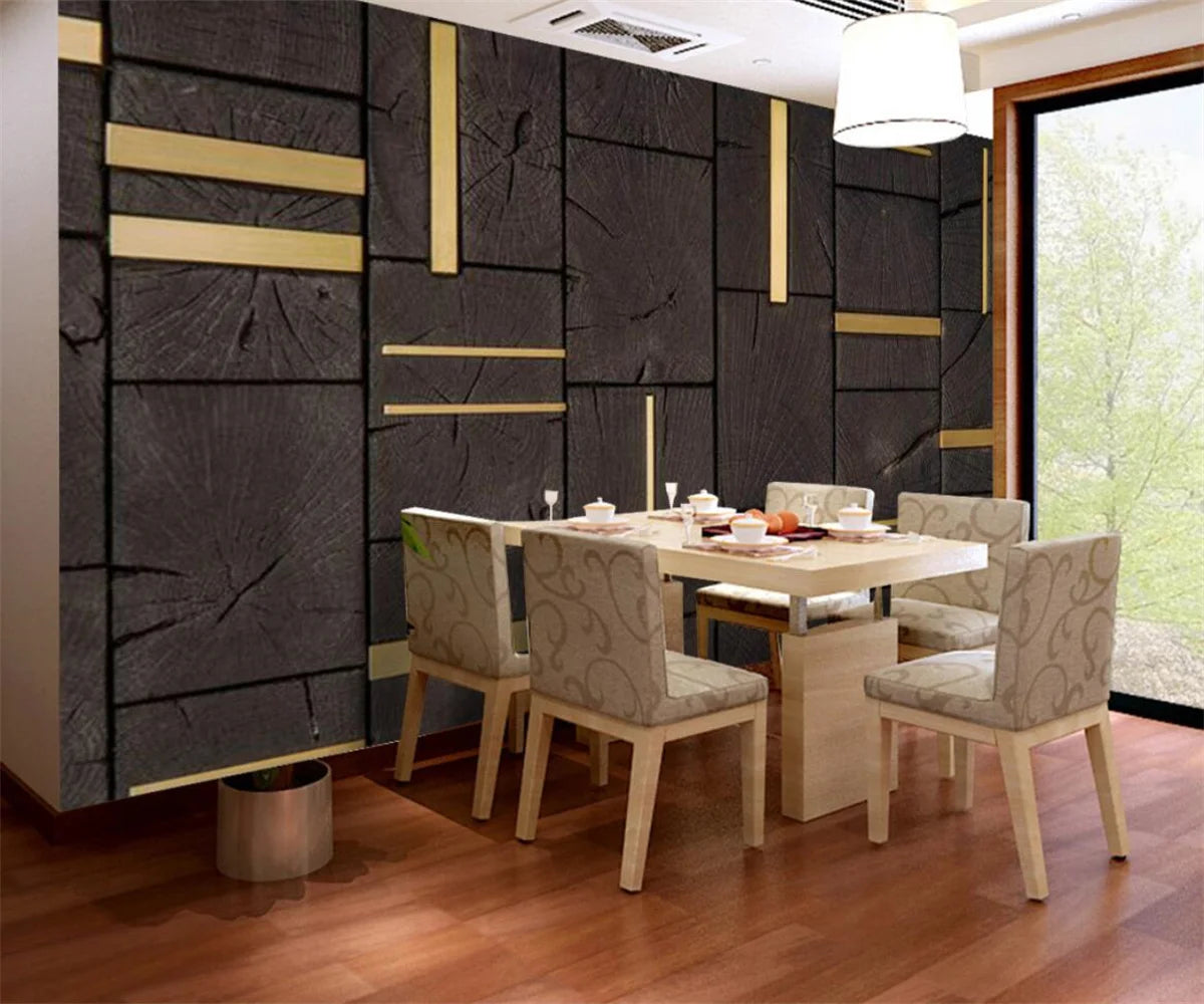Ella's 3D Wallpaper: Nordic Minimalist Abstract Geometric Square Wood Grain Gold