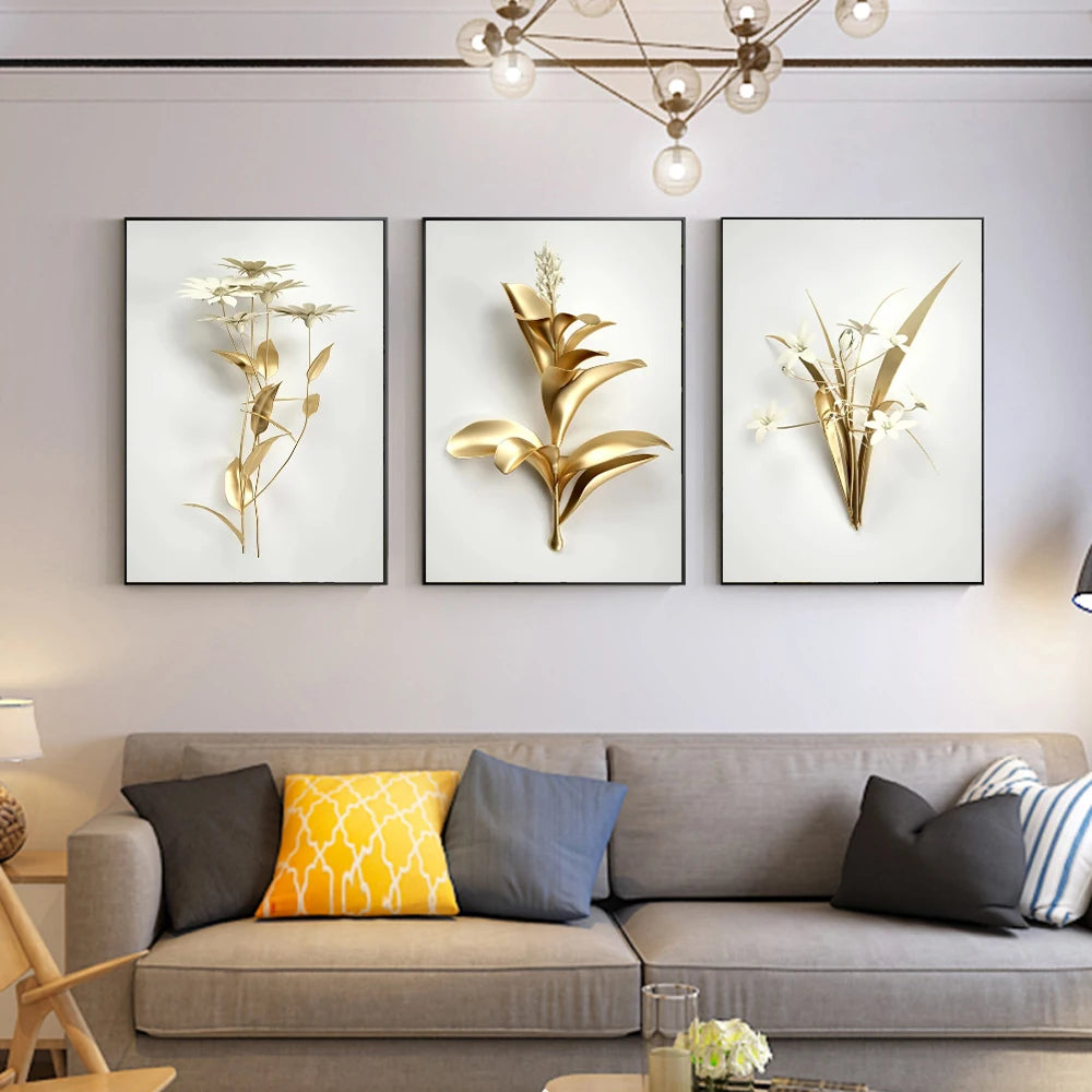 Juliet Nordic Decoration Pictures - Golden Plant Leaves and Flowers Wall Art Canvas Painting