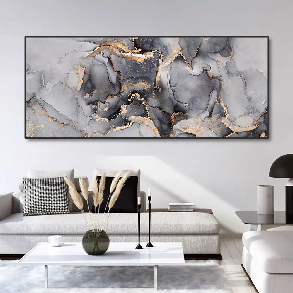 Sophia's Oversize Abstract Gray Ink Painting Wall Art: Elevate Your Living Room Decor