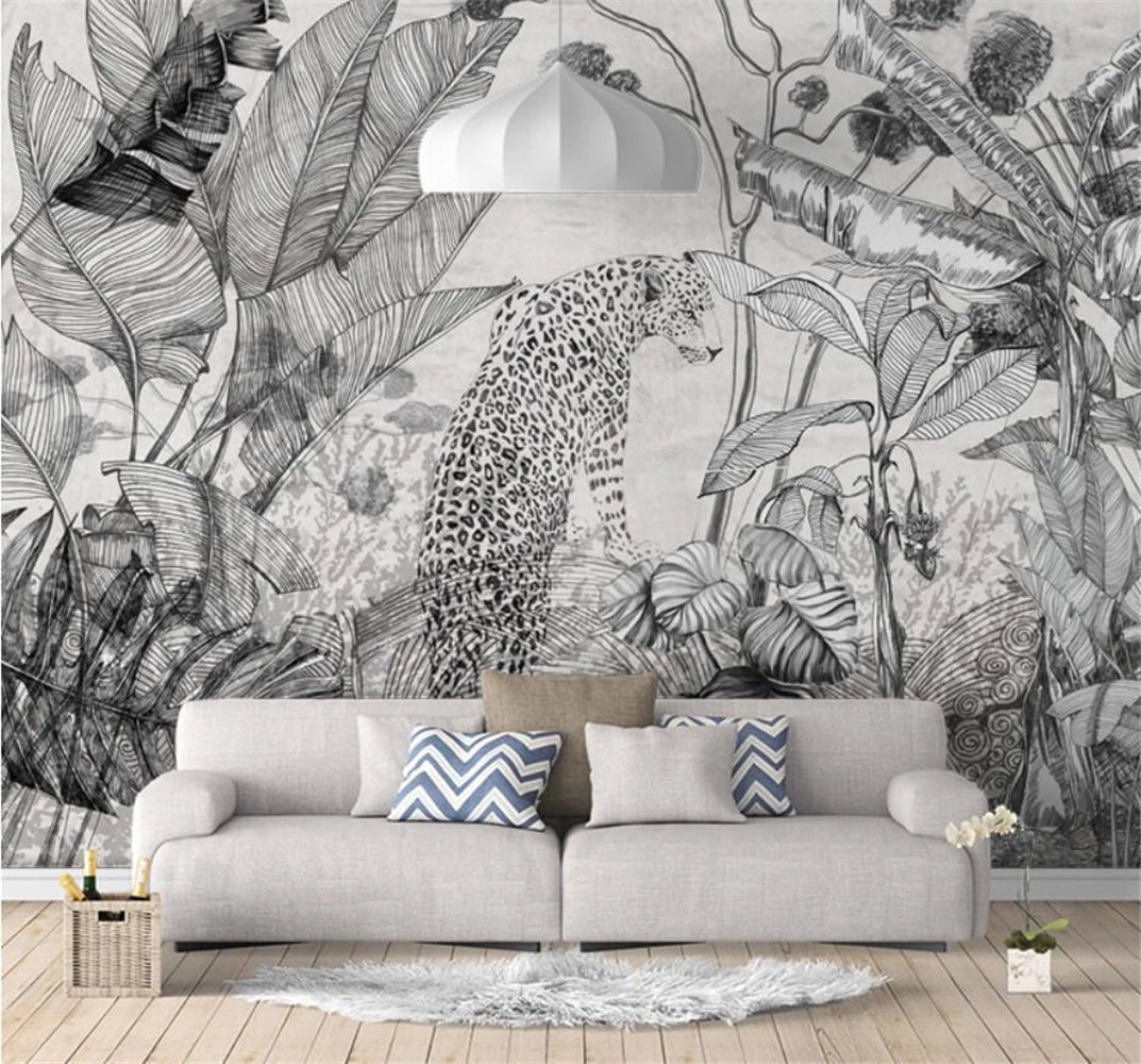 Papier peint mural 3D personnalisé d'Emily : plantes tropicales rétro en noir et blanc